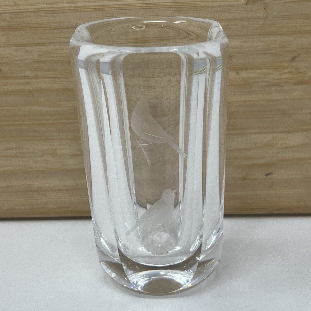 Orrefors Sweden Art Glass Vase With Etched Birds Marked 3.75" Vintage MCM Flaw
